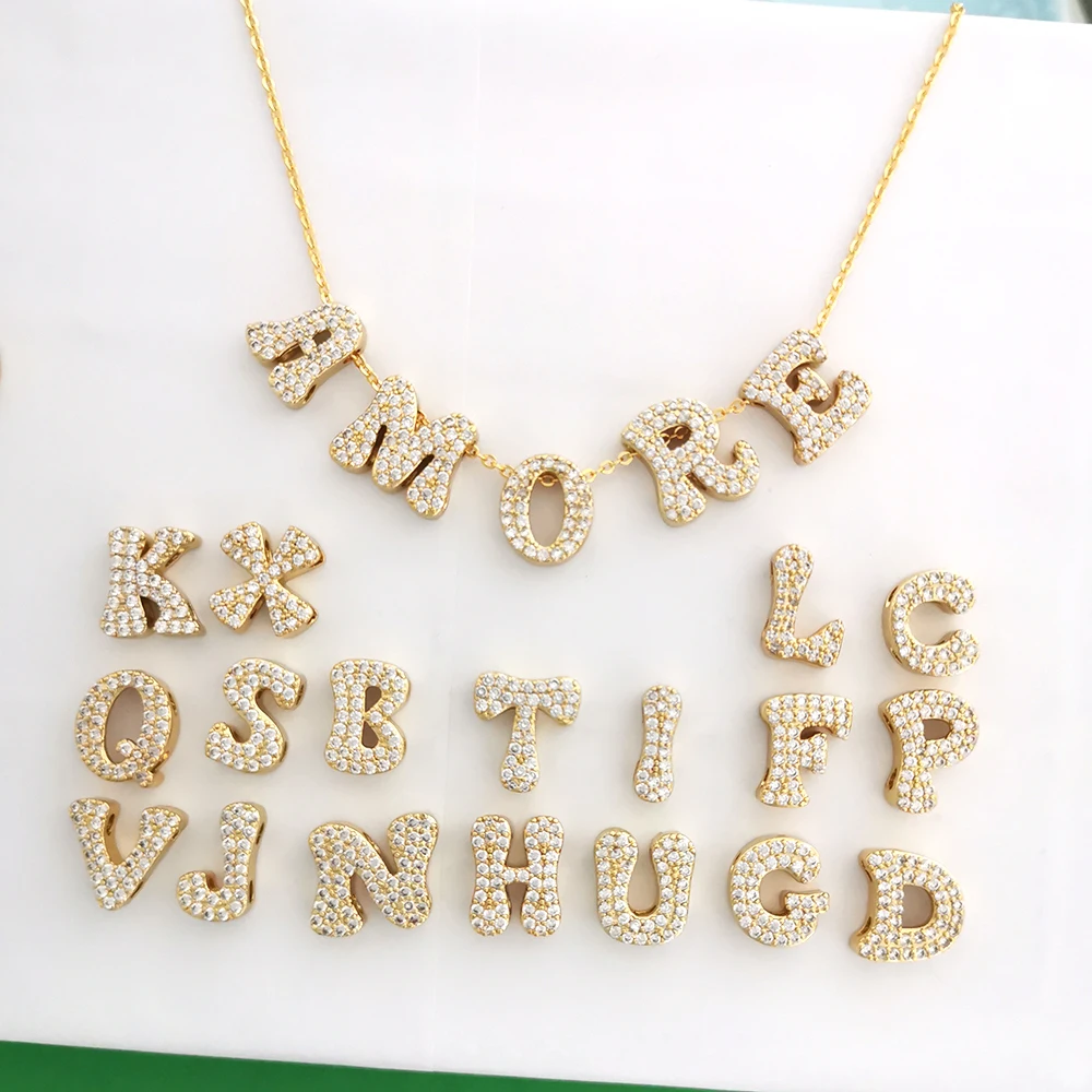 QMHJE Brass Initial Alphabet Letters Charm Pendant Slide Bead Gold Color Necklace Choker Hip Hop Crystal Luxury DIY Wholesale