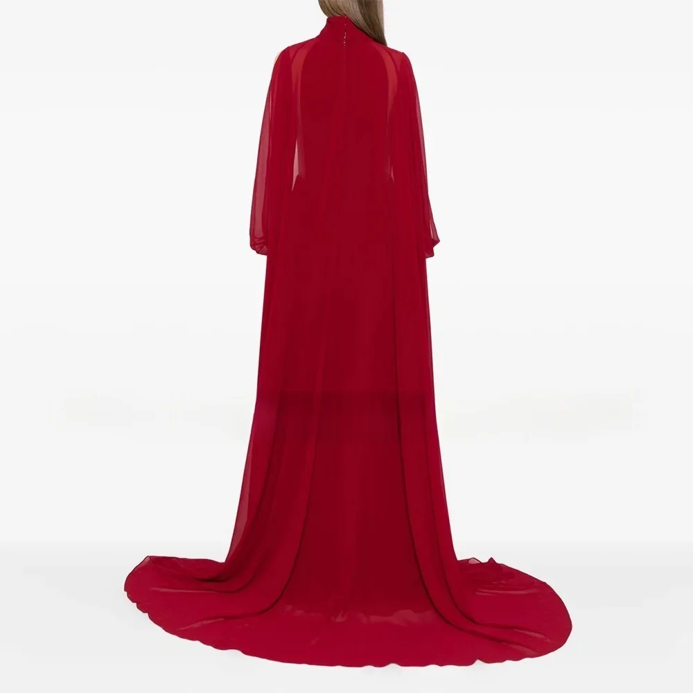 Luxury Evening Gown High Neck Sheer Sleeve Pleated Train Dress Wedding Gown Formal Party Dress For Womenفساتين سهرة