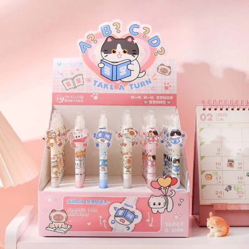 

12/36pcs Creative Cat ABCD Rotation Answer Gel Pen Cute 0.5mm Blue Ink Signature Pens Promotional Gift School Supplies