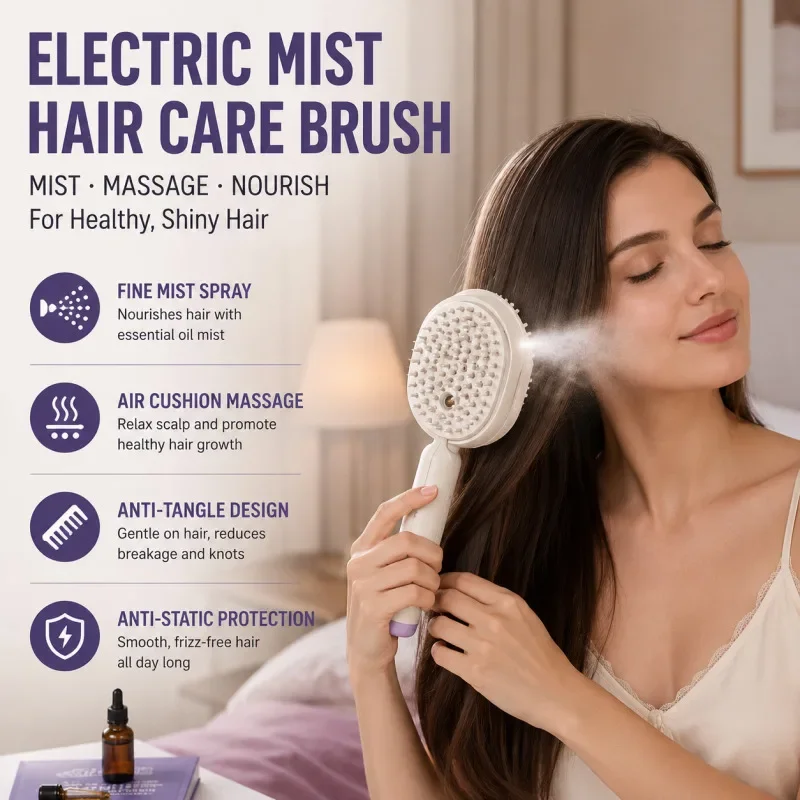 Electric Essential Oil Atomizing Comb Air Cushion Spray Brush Hair Oil Applicator Anti Static For Daily Hair Nourish
