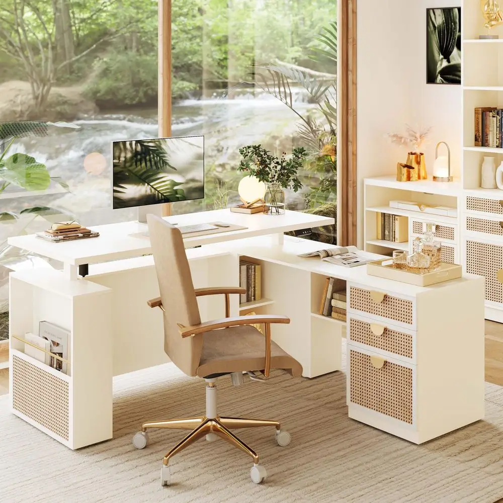 

63 Standing Desk with File Cabinet, Privacy Panel, AC USB, 1.18 Desktop, Executive L Shaped Height Adjustable Desk, Electric St