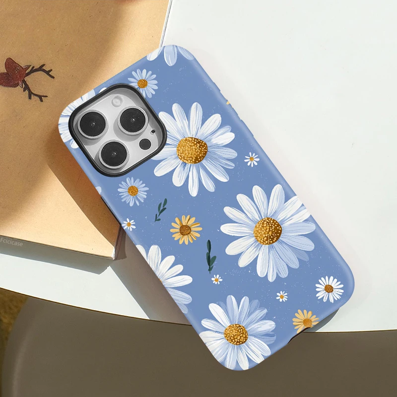FCICICASE 럭셔리 데이지 꽃 무늬 아이폰 16 15 14 플러스 13 12 11 프로 맥스 충격 방지 2 in 1 마그네틱 PC TPU 케이스