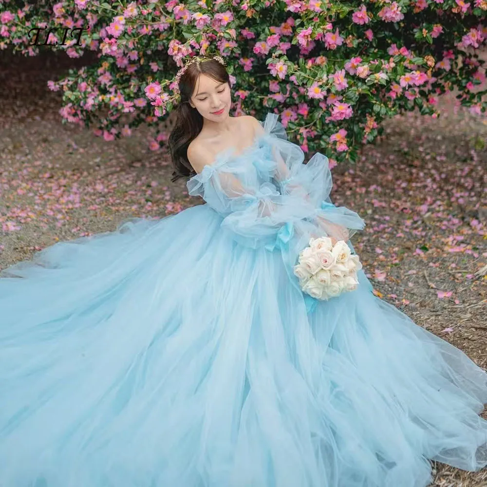 

TLIT Sky Blue Ball Gown Evening Dresses For Women Korea Wedding Party Elegant Off Shoulder Prom Gowns Customized Wedding Party