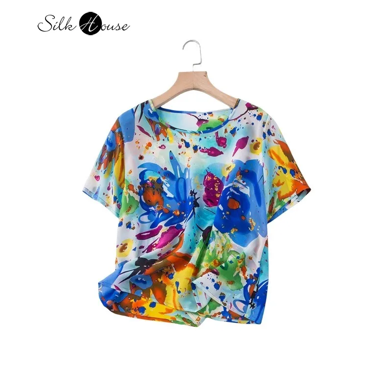 

100% Natural Mulberry Silk Crepe De Chine Blue Printed Round Neck Casual Versatile Loose Thin Breathable Women's T-shirt