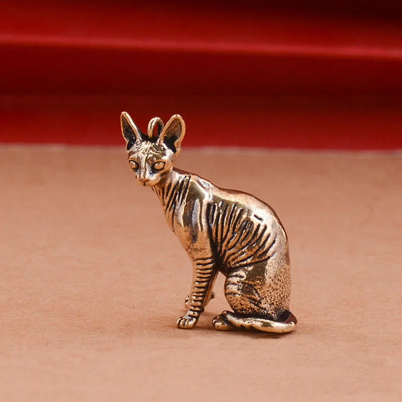 Solid Brass Hairless Cat Small Statue Desktop Ornaments Vintage Animal Figurines Model Lucky Home Decorations Crafts Accessories