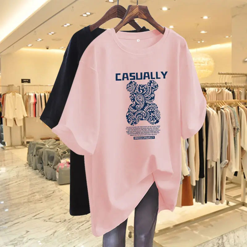 Women Clothing Fashion Chinese Style Print Pure Cotton T-shirt Summer O-neck Short Sleeve Basic Top Tees Loose Pullover 45-100Kg