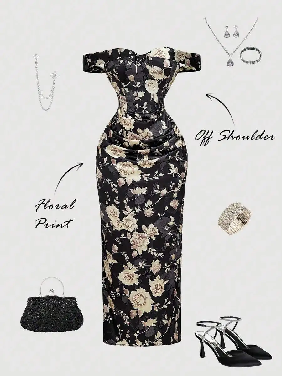 Champagne Sequin Off-Shoulder Ruched Midi Dress - Image 5