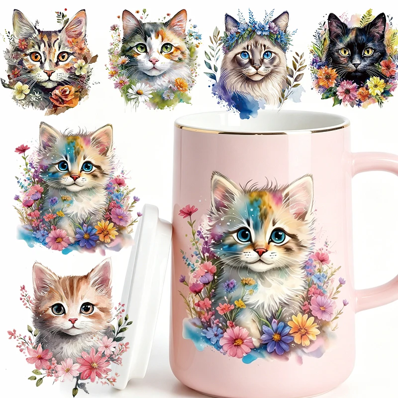6pcs French Floral Cat UV Transfer Crystal Stickers Cartoon Puppy Butterfly Transfer Sticker Cup/Wall/Window Decoration Stickers