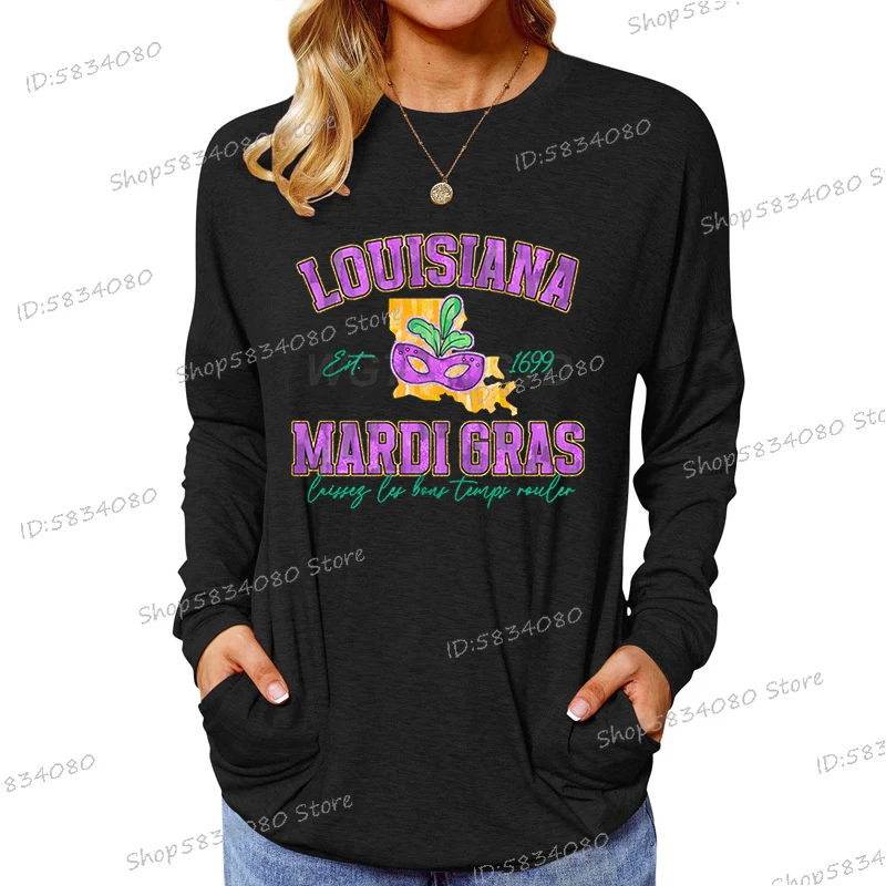 LOUISIANA MARDI GRAS Women T Shirt Long Sleeve Funny Festival Mask Print Tshirt Ladies New Orleans Creative Mardi-Gras Tees