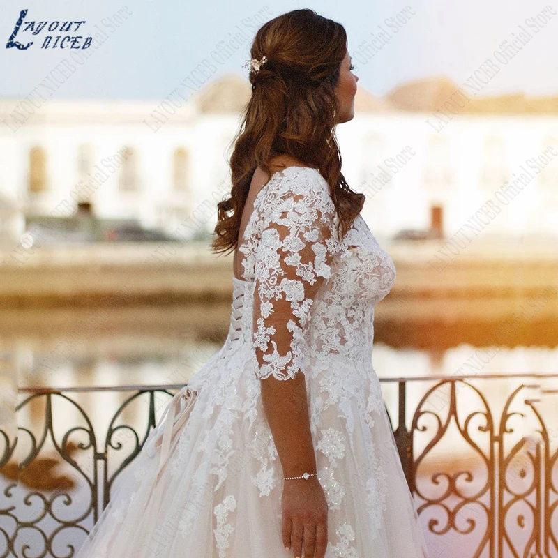 LAYOUT NICEB Plus Size abiti da sposa donna Classic Lace Up Backless abiti da sposa Appliques mezze maniche Vestidos De Noiva 2024LAYOUT NICEB Plus Size abiti da sposa donna Classic Lace Up Backless abiti da sposa Appl