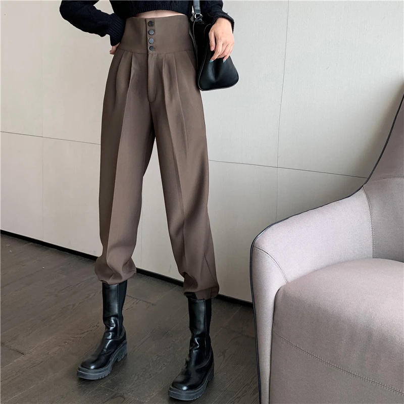 Women Harem Pants Korean Casual Spring Autumn High Waist Trousers Female Solid Buttonn Dressing Relaxed Fit Pleated Pants