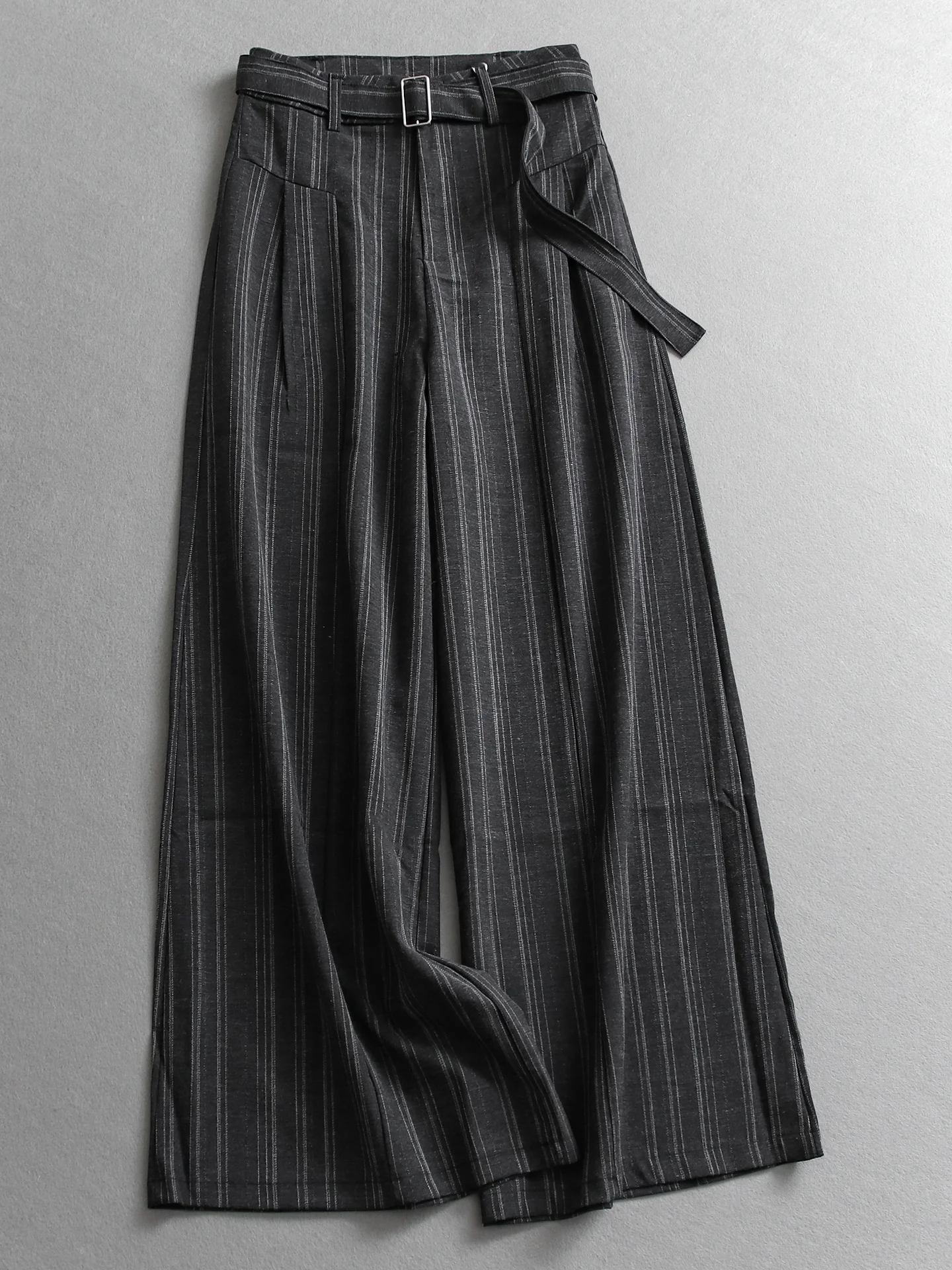 High Waist Striped Wide Leg Pants Women's Casual Trousers Drapey Floor-Length Suit Style Belted Spring New Arrival E152