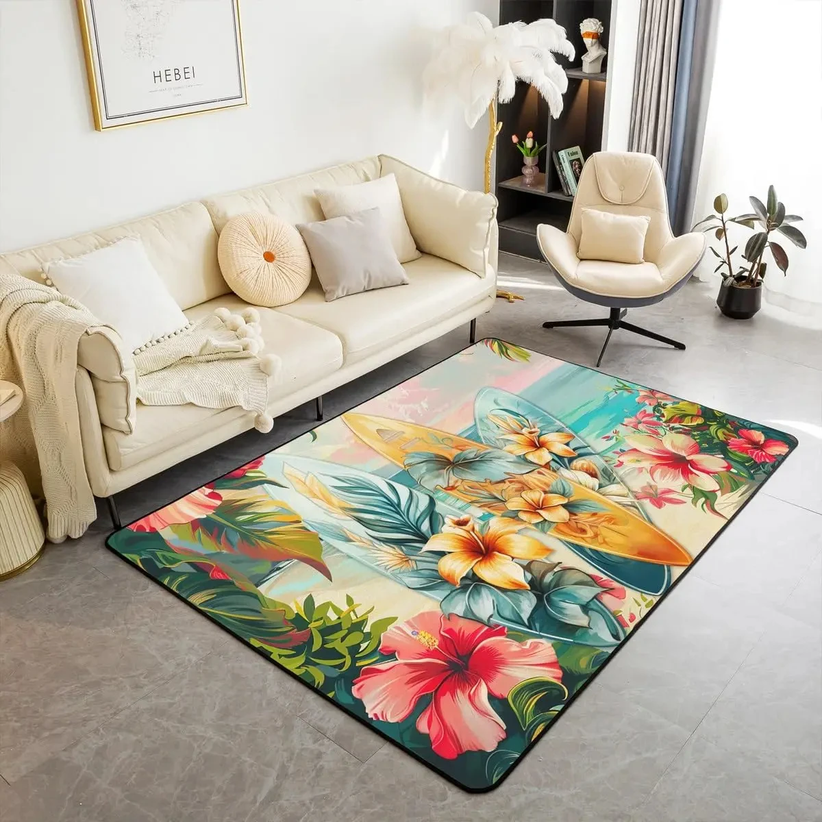 Surfboard Area Rug for Living Room Extreme Sport Carpet Hawaii Summer Tropical Leaves Floor Mat Ocean Beach Decorative Doormat
