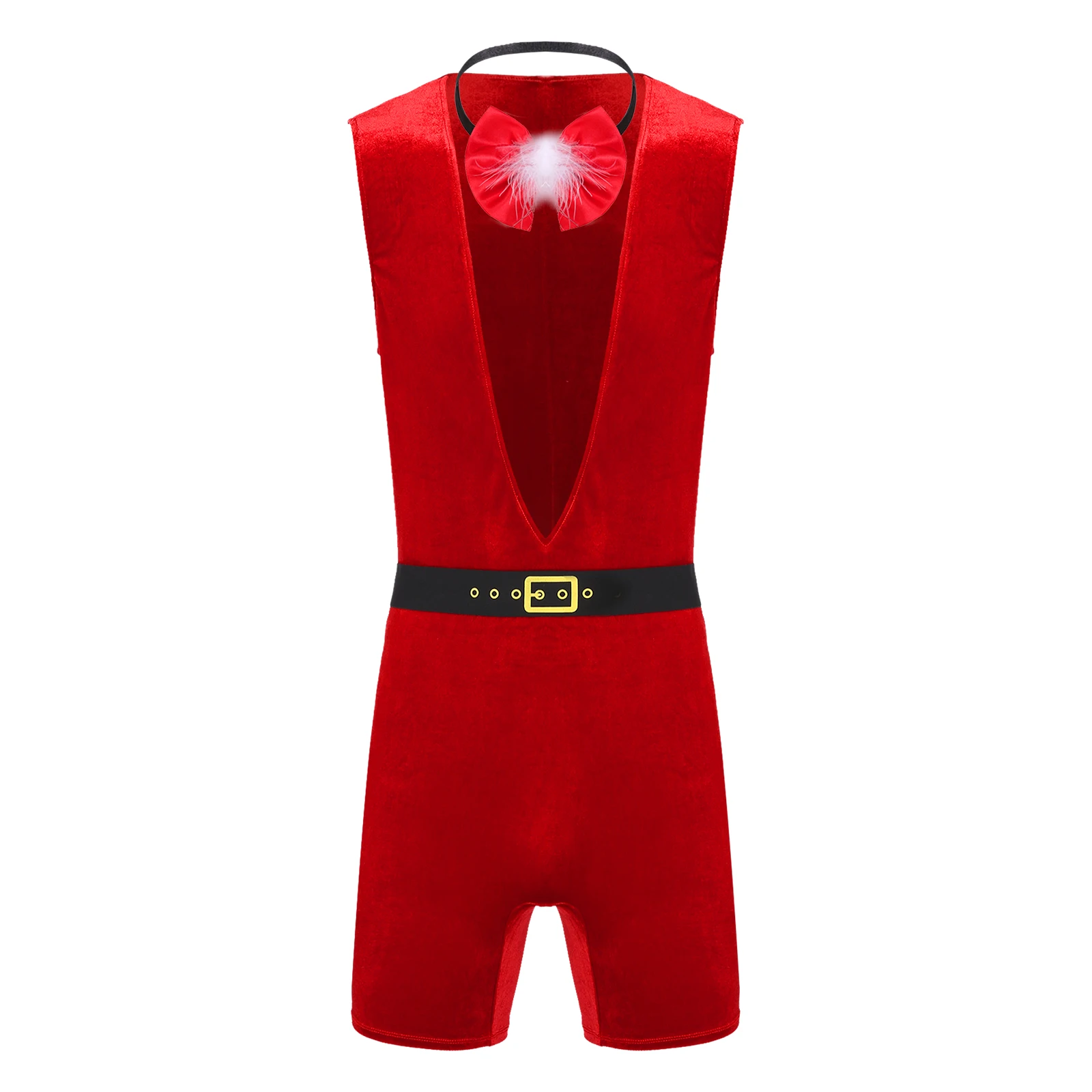 Tiaobug Mens Christmas Deep V Neck Sleeveless Red Velvet 3Pcs Bodysuit with Belts and White Feather Trim Bowtie Theme Party Wear