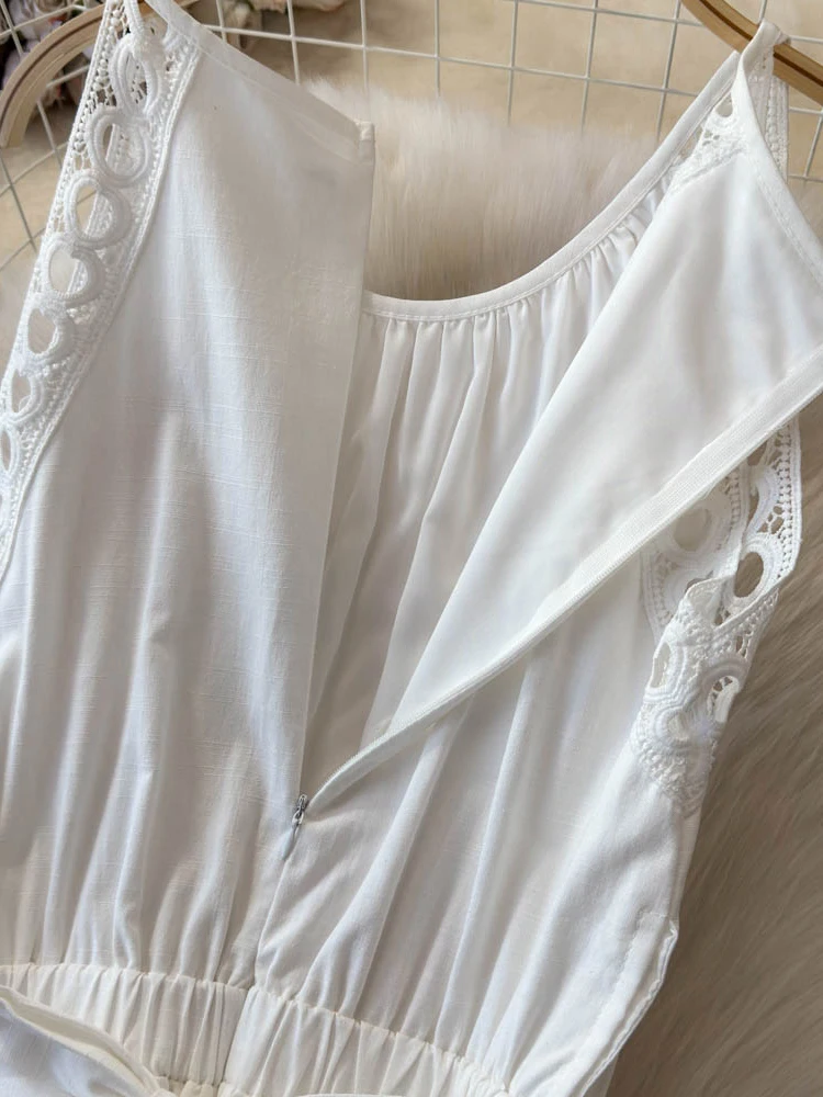 Elegante scava fuori le donne abito bianco senza maniche o-collo a-line abito lungo da festa 2025 Corea moda estate abiti a vita alta