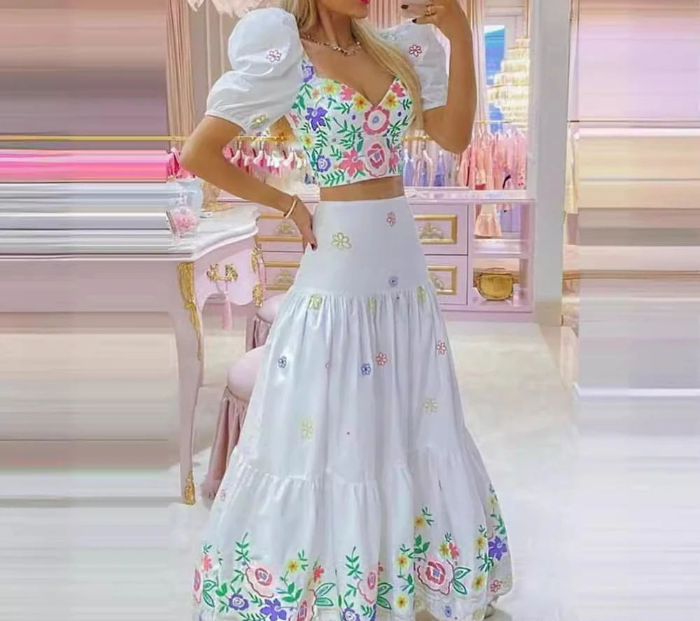 

Elegant Floral Print Puff Sleeve Crop Top & Ruched Skirt Set Women New Fashion 2024 Summer Sexy Casual Two Piece Suit Outfit