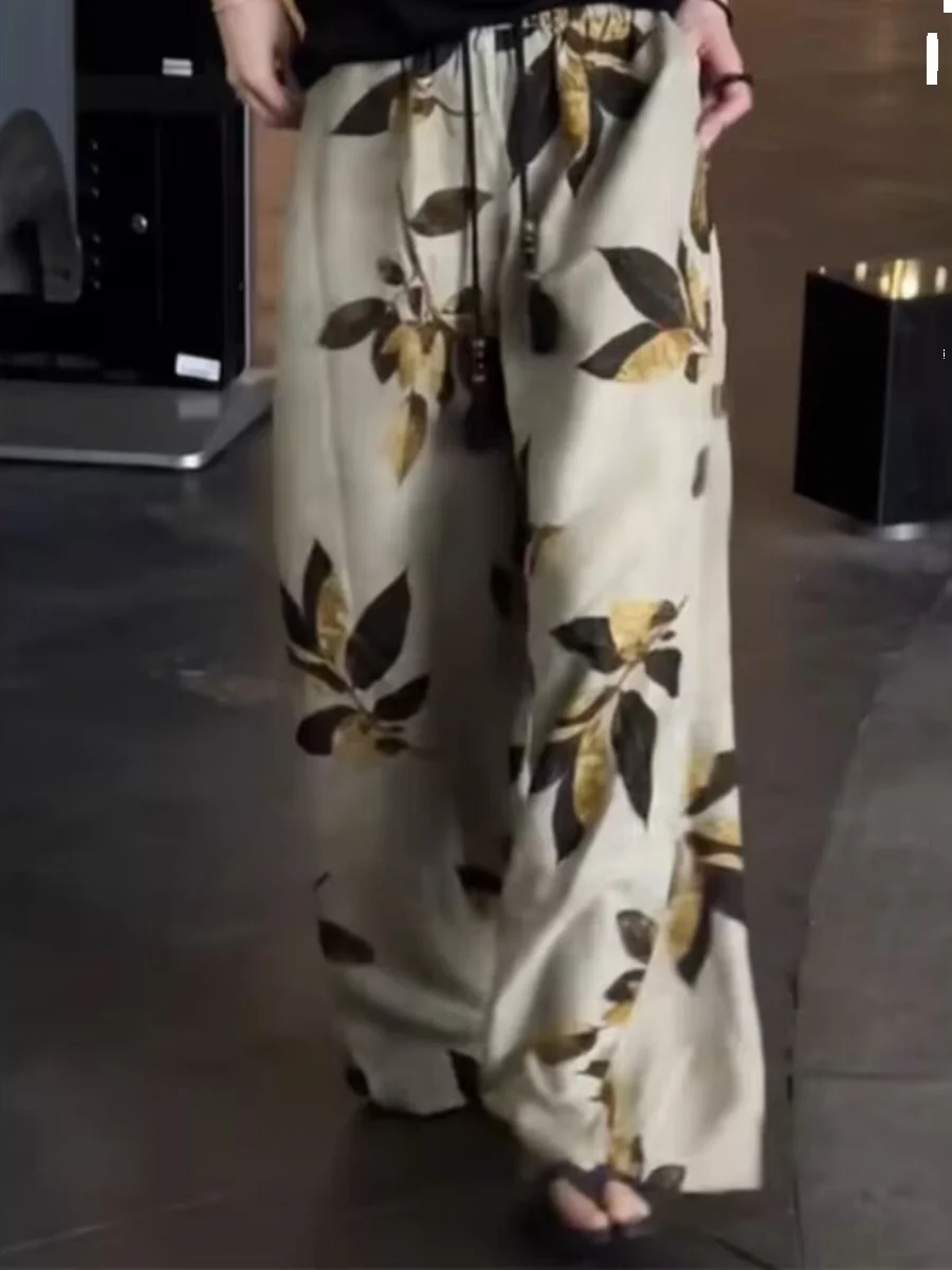 High-End Nieuwe Chinese Sle Gedrukte Lange Broek Zomer Drapey Losse Wijde Pijpen Casual Broek voor Vrouwen Woon-werk Etnische Trend