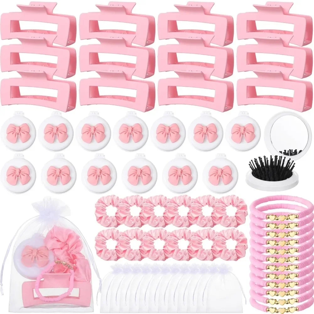 3-12Sets Pink Girls Party Favor Kit,Claw Clips Scrunchies Bracelet Mini Mirror Comb with Organza Bag,Spa Sleepover Wedding Gift