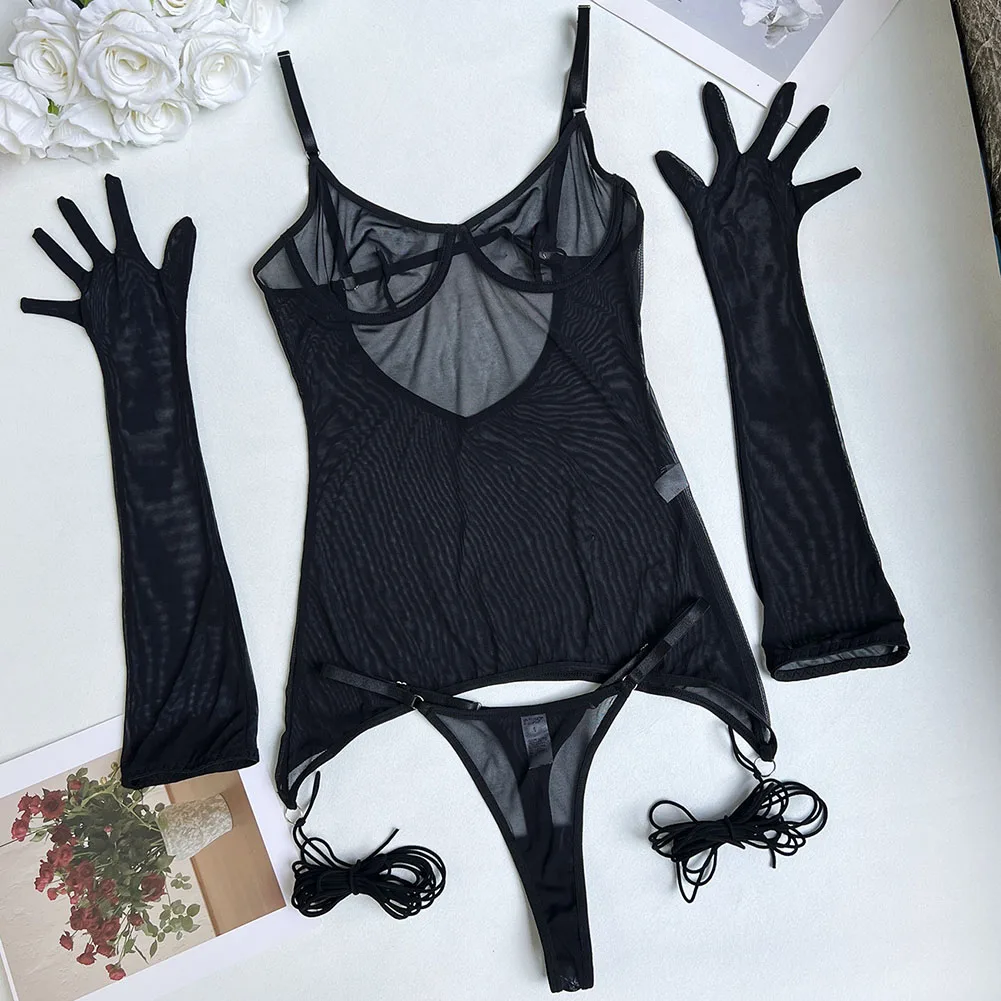 Sheer Mesh Women Sexy Lingerie Set Suspender See Through Tops Thong Panty Gloves Leg Ropes Underwear Suit Perspective Sleepwear