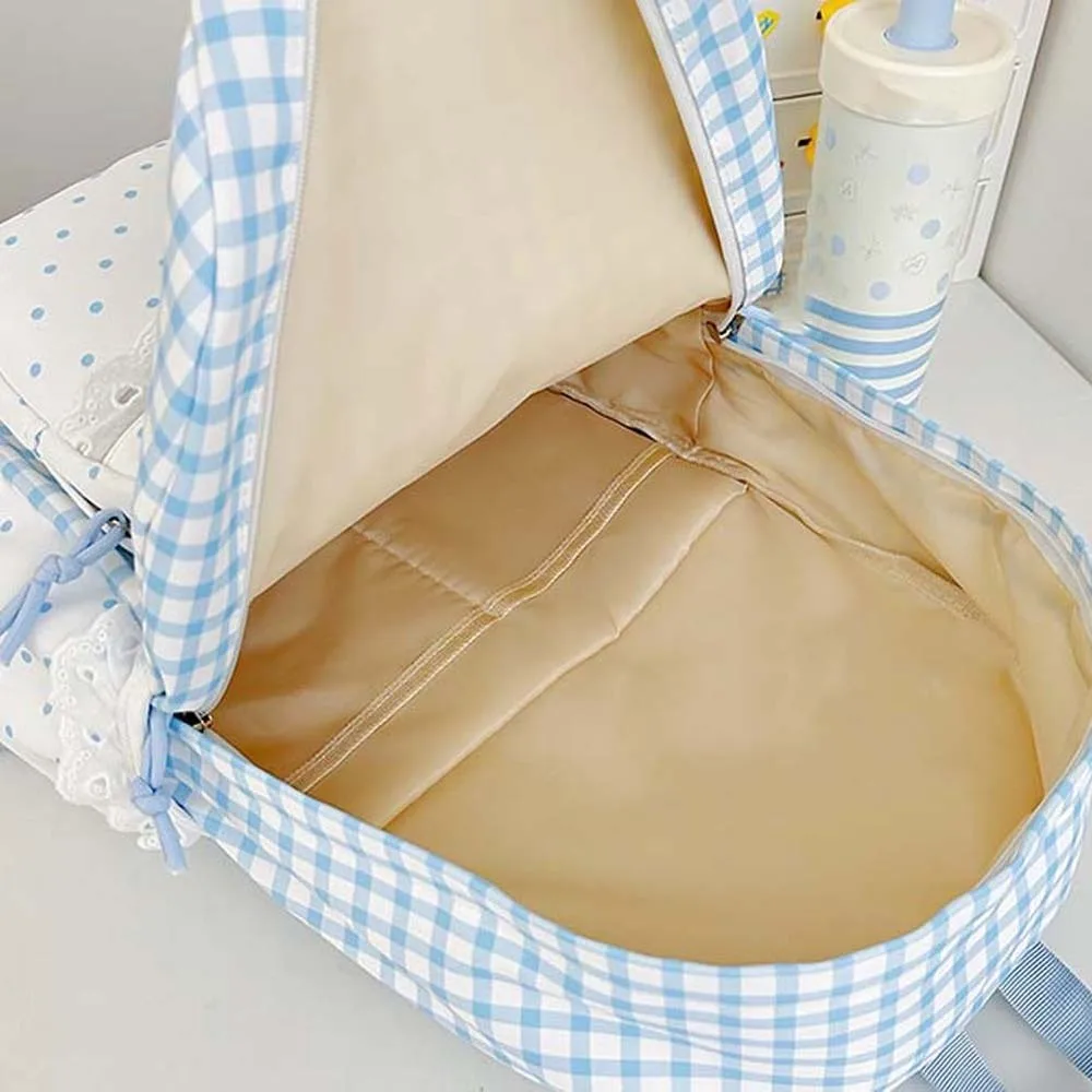 Korean Style Gingham Backpack Ruffle Design Pastel Colors Lace Schoolbag Large Capacity Adjustable Straps Plaid Daypack