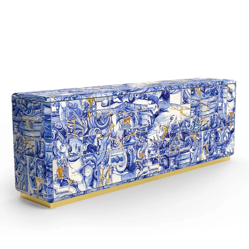 

Elegant sideboard with hand-painted tiles and gold leaf details