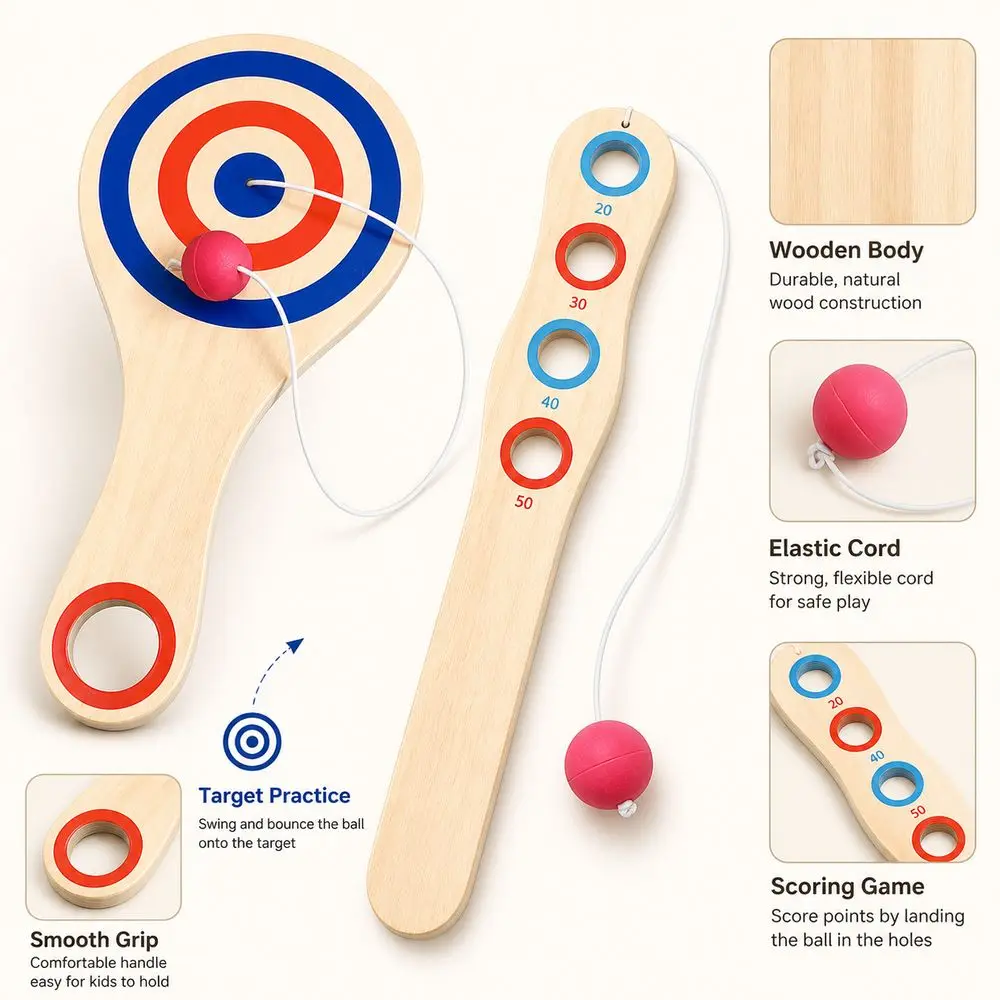 Wood Tether Ball Paddle Elastic Cord Tethered Ball Catch Ball Hand Eye Coordination Target Pattern Elastic Skill Ball