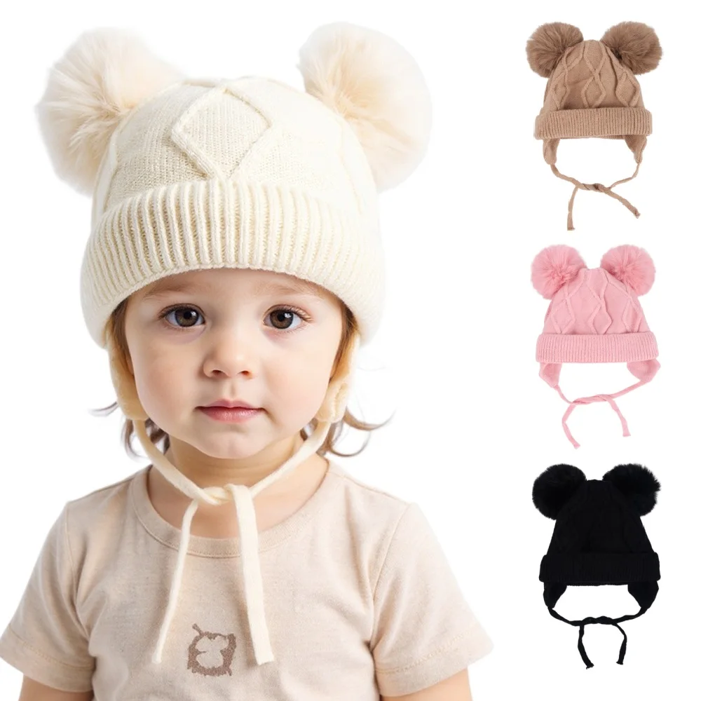 New Autumn Winter Double Ball Knitted Baby Hat for Girls Boys Baby Straps Bonnet with Earmuffs Outdoor Kids Ear Protection Hat