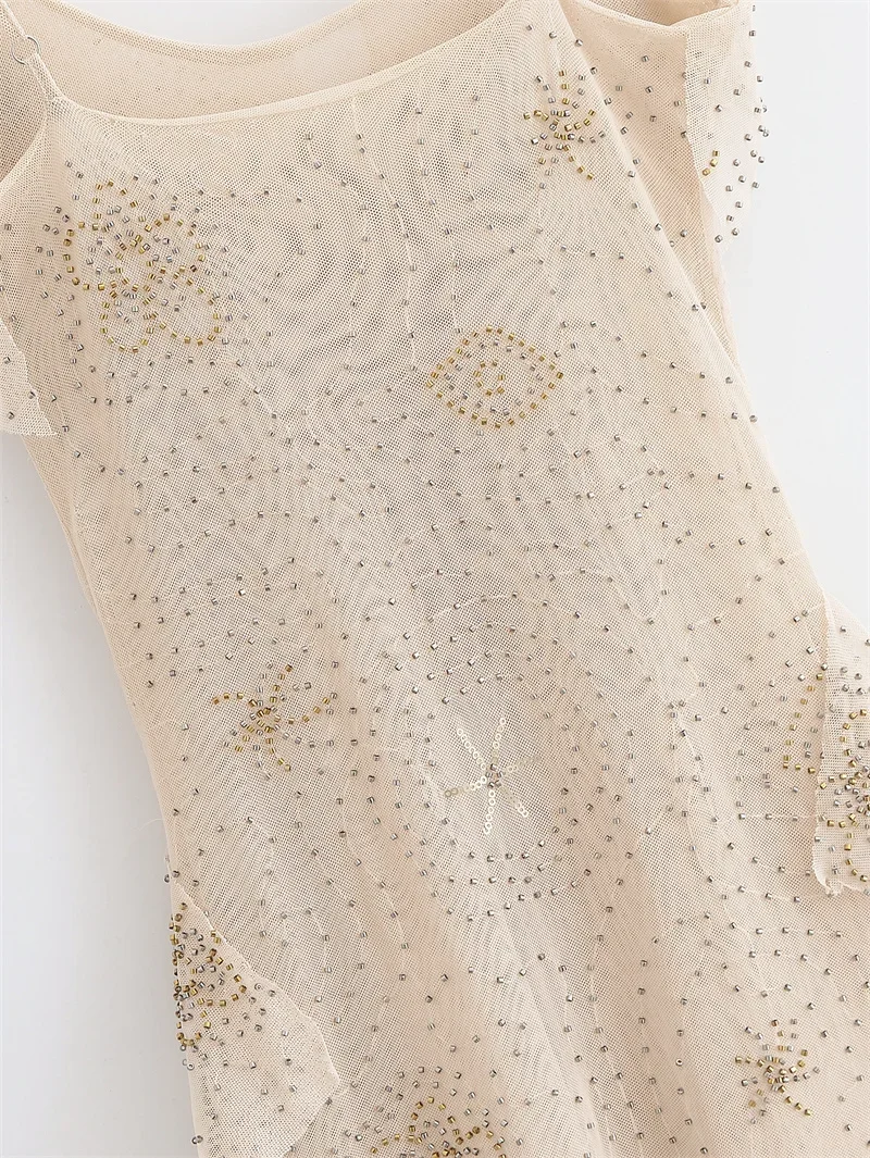 Vestido feminino verão novo estilo luz champanhe em camadas decoração de contas vestido longo sexy alça espaguete design elegante