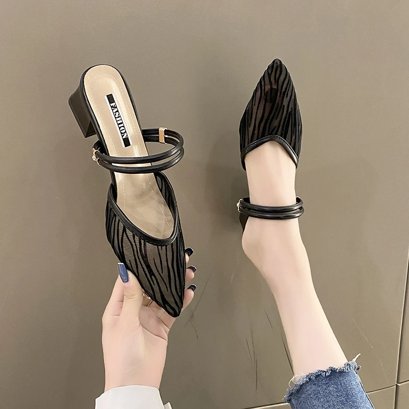 Baotou-Sandalias de malla transpirable para mujer, zapatos de tacón alto fino con diamantes de agua, novedad de verano, 2024