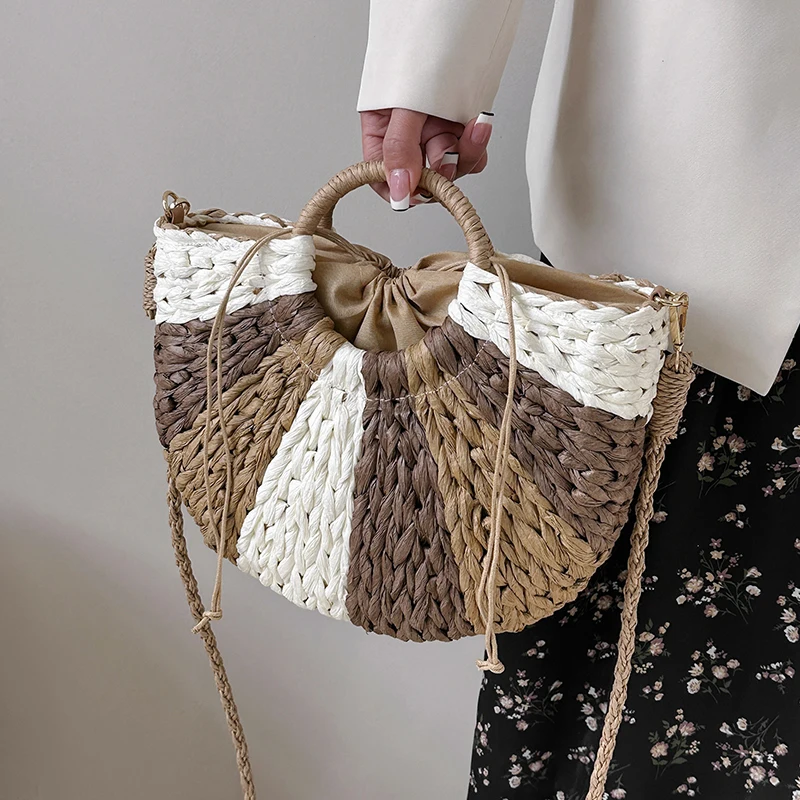 New Summer Straw Bag For Women Splicing Beach Bag Braided Handmade Handbag Bohemia Vacation tote Bag Ladies Baskets Shopping bag