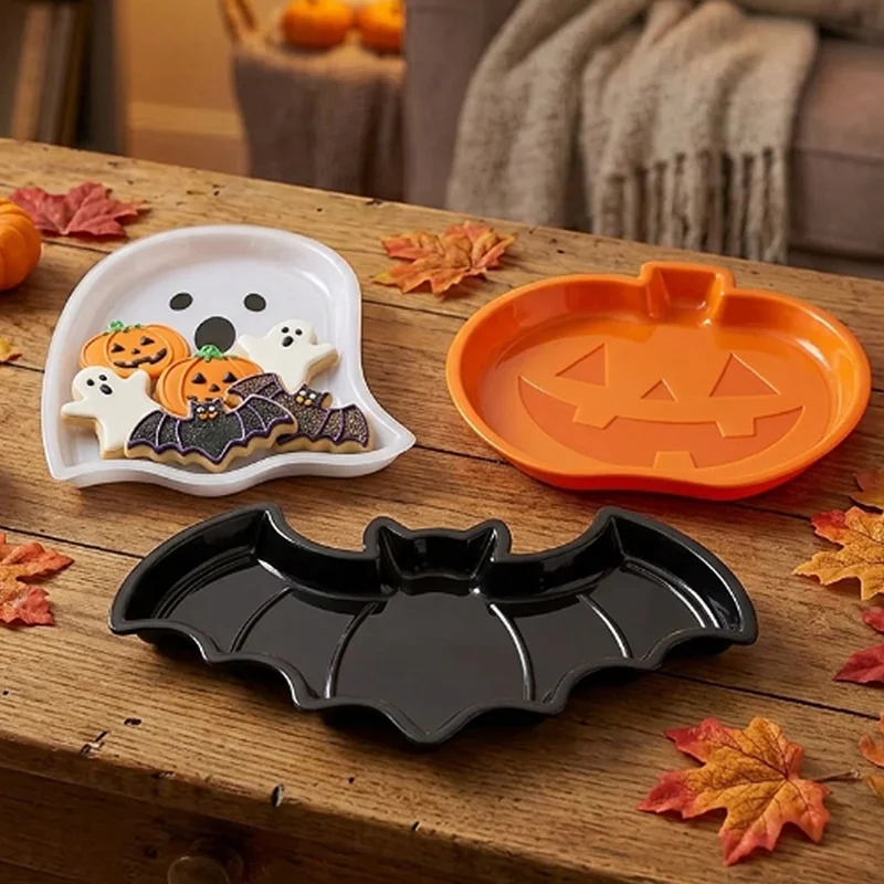 Reusable Halloween Plates Set Pumpkin Ghost Bat Serving Trays Food Grade Plastic for Snack Candy Dessert Party