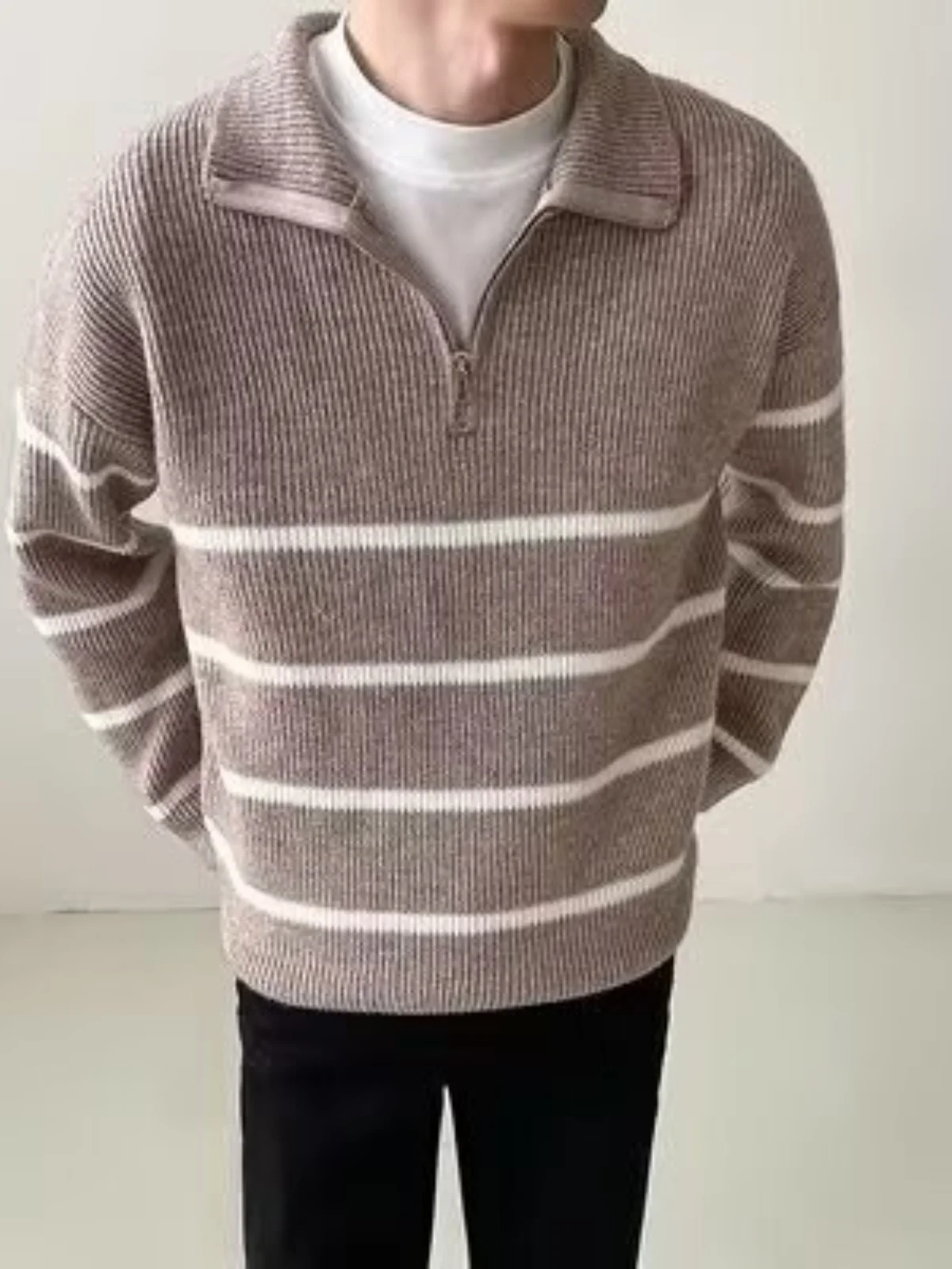 Japońska dzianina w paski, męski sweter z zamkiem błyskawicznym, golf, płaszcz, styl Sea Soul, luźny krój casualowy.