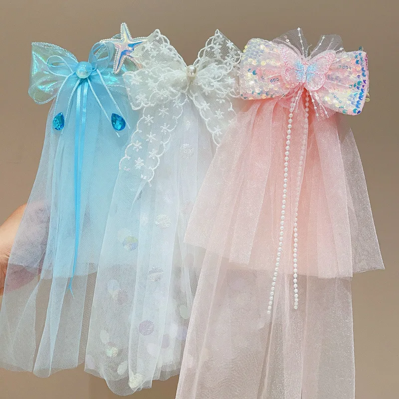 

Children's hair clip floating yarn bow headress girls headwear wedding flower hairpin girl party princess lace hair accessories