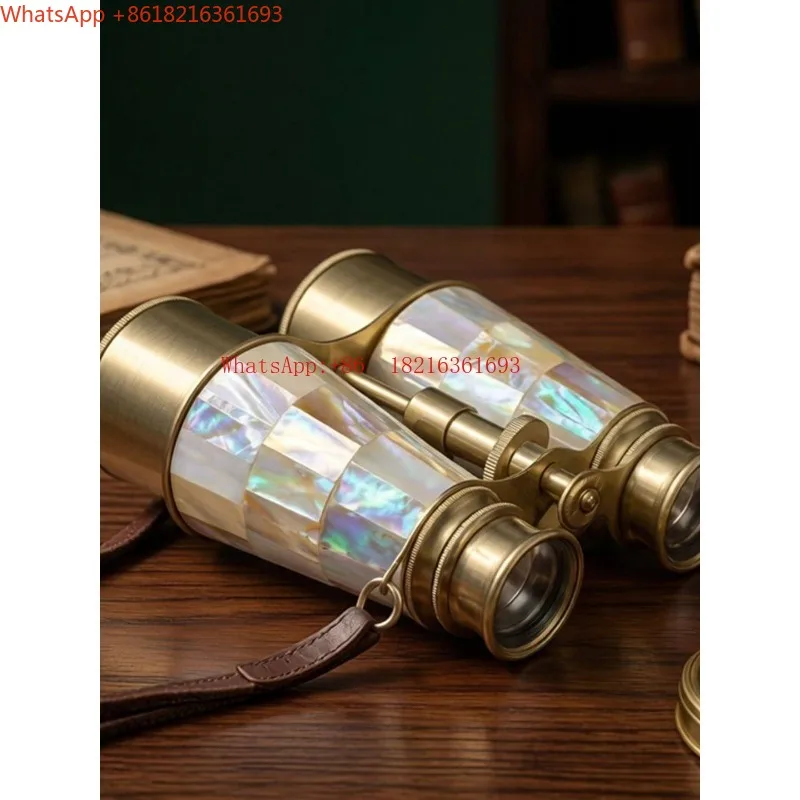 Imported Brass Shell Retro Nostalgic Leather Box Decorative Binoculars Ornament Nautical Style Video Props