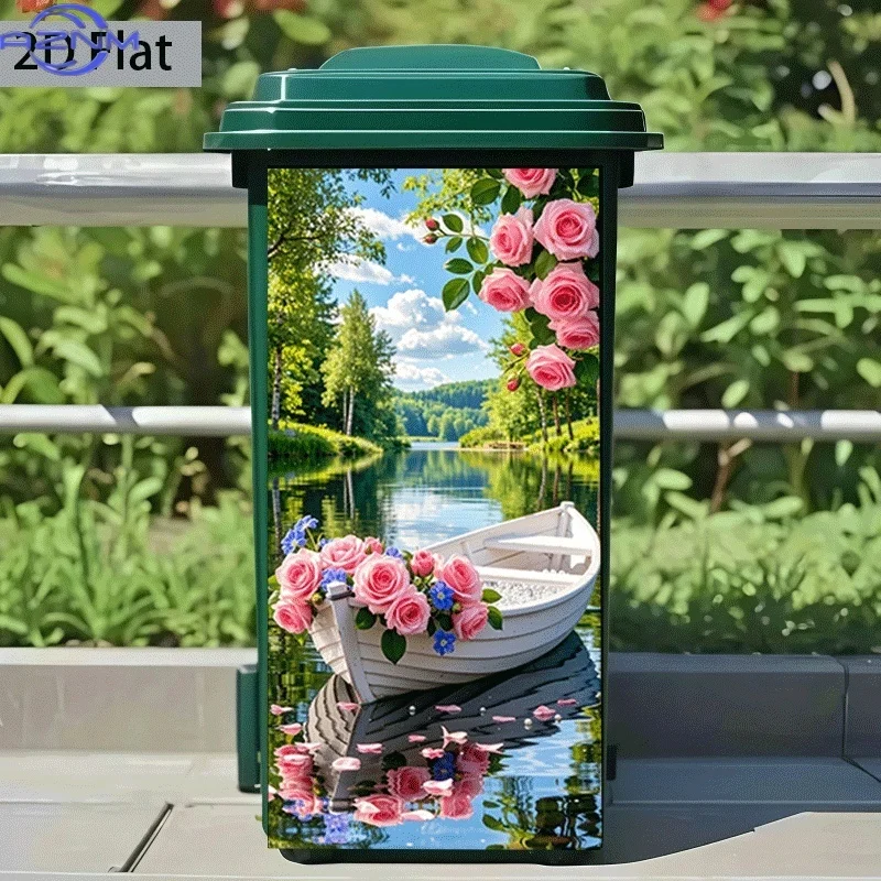 [2D Flat Printing]1pc Trash Can Sticker[Title Translated, Do Not Change] Boat Carrying Roses Reflecting on Water Theme Design