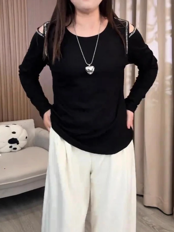 

plus Size Women's Pure Cotton Bla oulder Bared Long Sve T-irt Spring New Loose Belly Covering Inner Wear Base irt