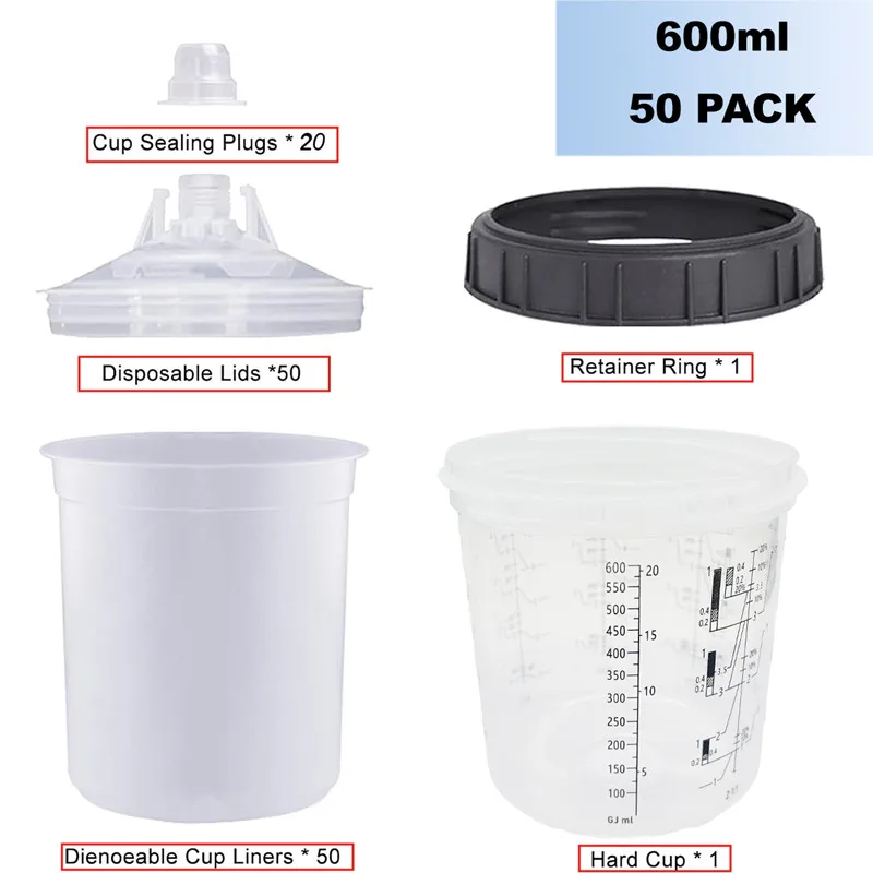 50Pcs/Set Spray Gun Paint Mixing Cup H/O Quick Cup Spray Gun Tank 200ML/400ML/600ML Disposable Paint Cup