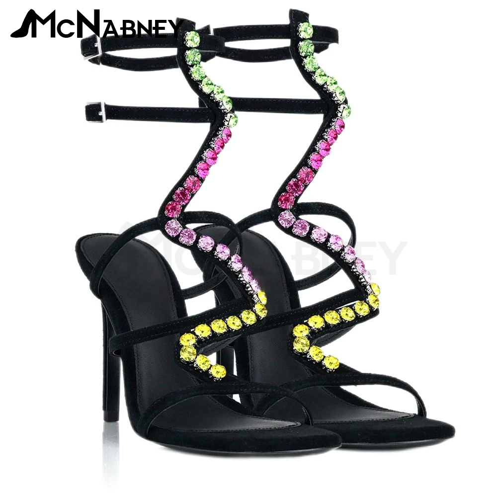 Multicolor Edelsteen Suède Sandalen Enkelgesp Ronde Neus Zomer Schoenen Stiletto Elegante Mode Luxe Banket Schoenen Voor Vrouwen