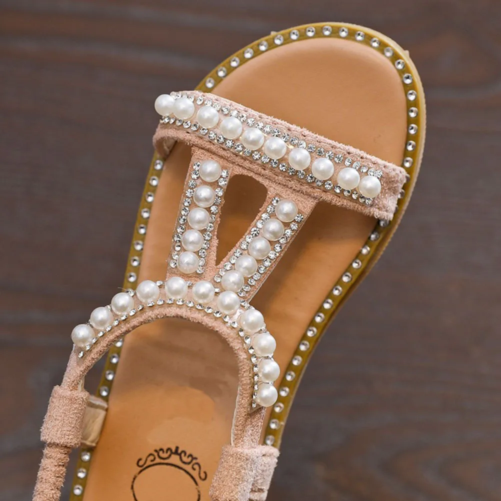 صنادل الأميرة للفتيات صنادل أطفال من البولي يوريثان أحذية مسطحة مزخرفة باللؤلؤ للأطفال الصغار ملابس حفلات أعياد الميلاد باللون الوردي مقاس 1 #6