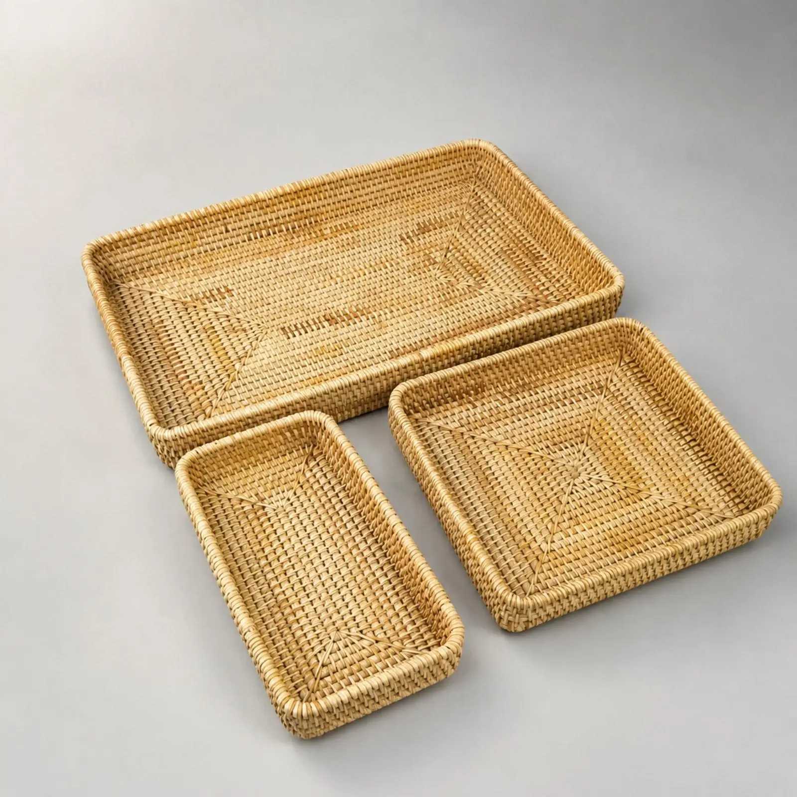 3 Pieces Rectangular Wicker Basket with Raised Rim Rattan Storage Basket Sturdy Woven Rattan Organizer for Countertops, Coffee