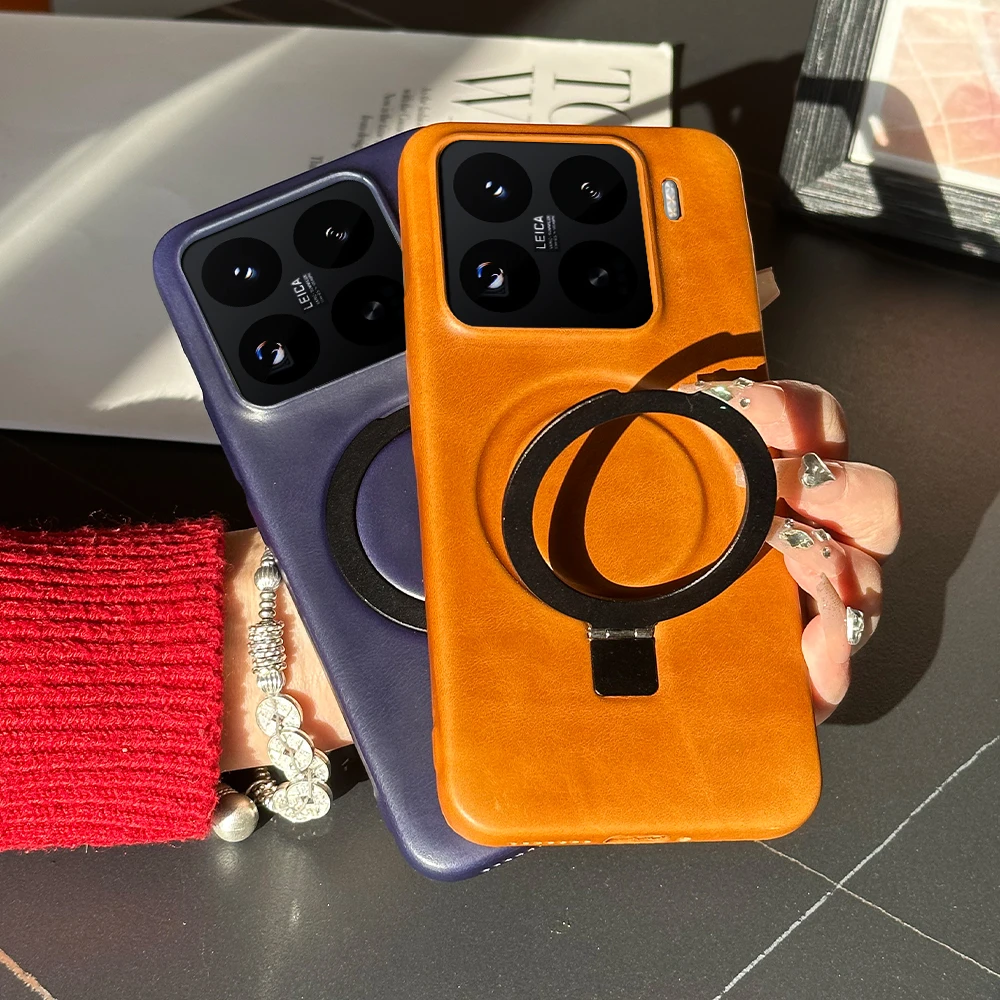 

Luxury Magnetic Bracket Genuine Leather Case For Magsafe Xiaomi 17Ultra 17 Pro Max 15 15S 14 Ultra 14T 13 13T 12 12T Pro Cover