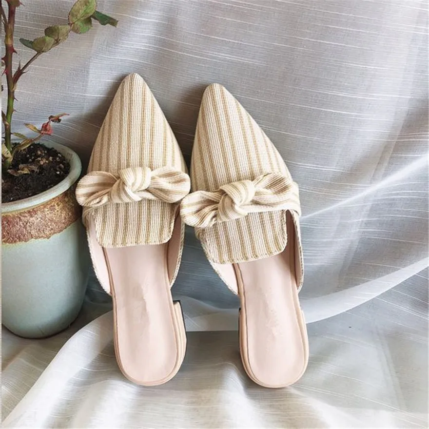 Kobieta moda Bowknot paski Muller buty szpiczasty nosek letnie kwadratowe wysokie obcasy klapki damskie kobiece rozrywka klapki 34-42