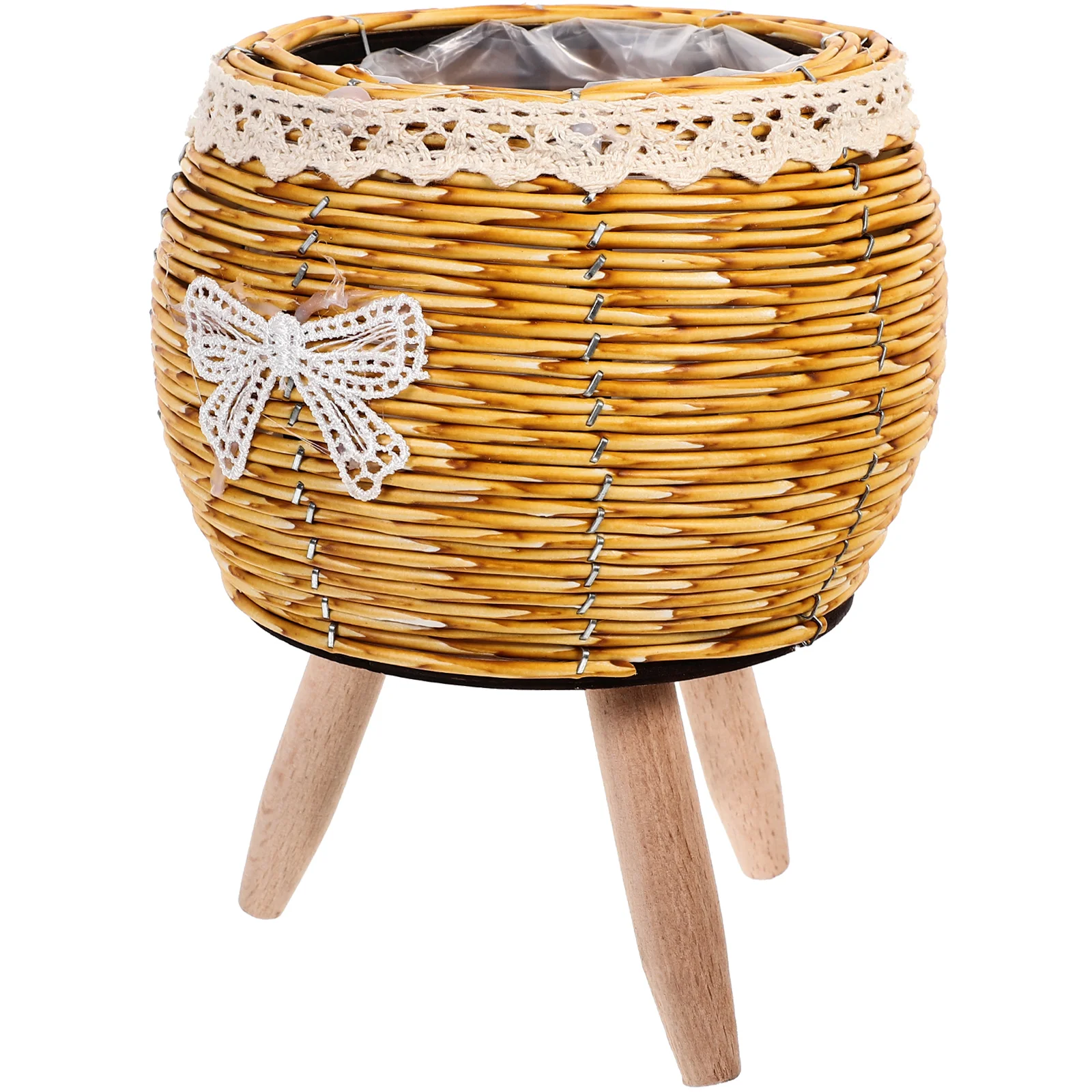 

Woven Flowerpot Basket Straw Wood Plant Stand Indoor Balcony Garden Home Decor Planter Holder Wooden Pot Base Simple Plant Rack