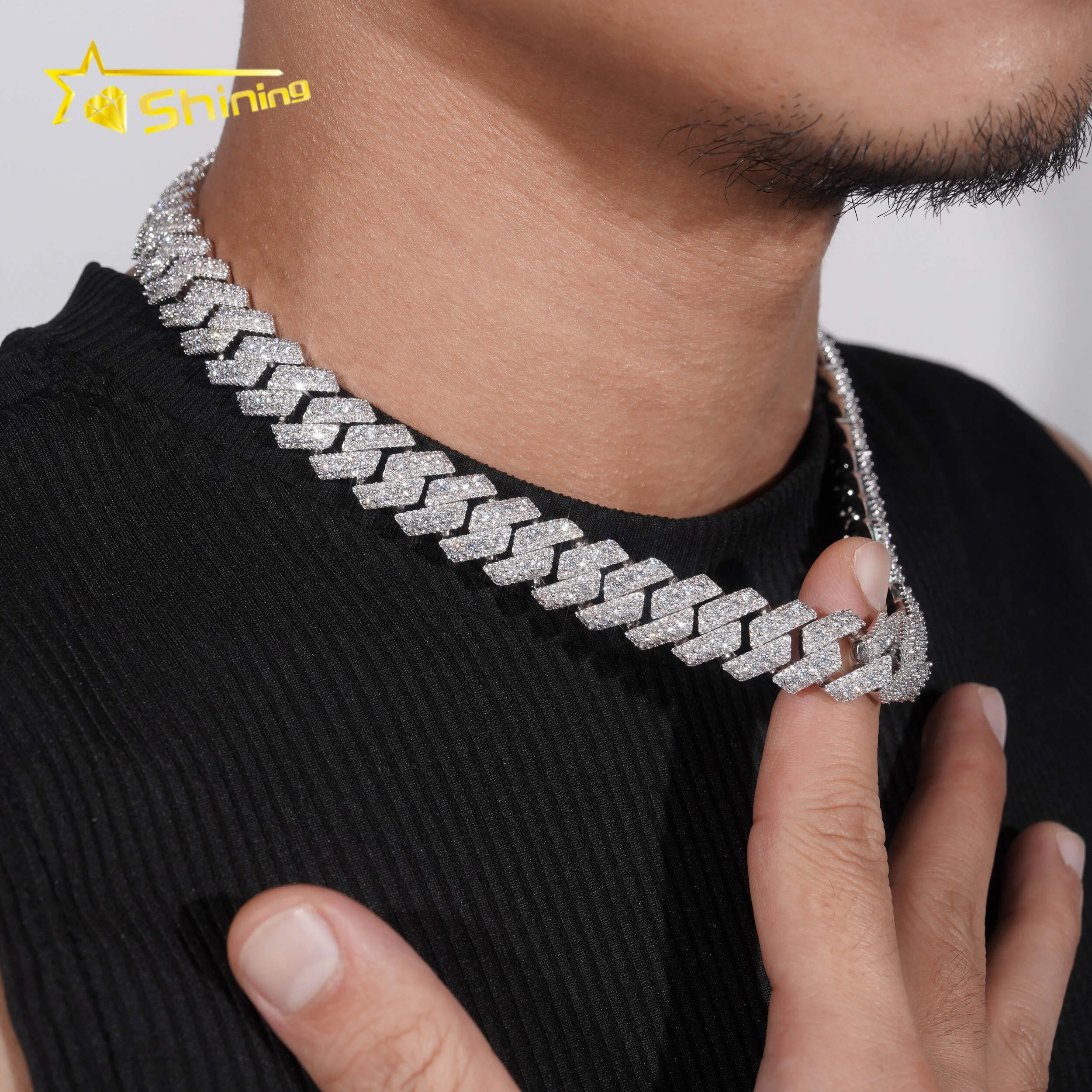 Heavy .High Quality Hip Hop 15mm Width 925 Silver VVS Moissanite Iced Out Cuban Link Chain