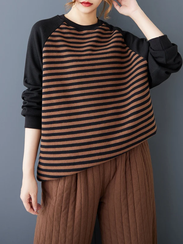 الكورية Sle حجم كبير Fce اصطف Brued هوديي المرأة الخريف الشتاء وصول جديد مخطط فضفاض صالح مريحة البلوز