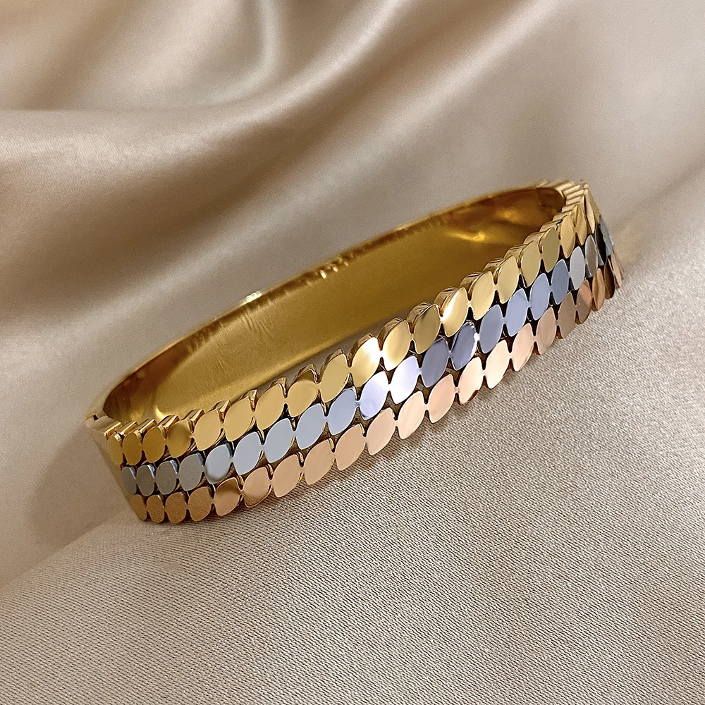 Trendy Triple Color Stainless Steel Cuff Bracelet Bangle for Women Men Chunky Oval Beads Geometric Bracelets Party Jewelry Gifts