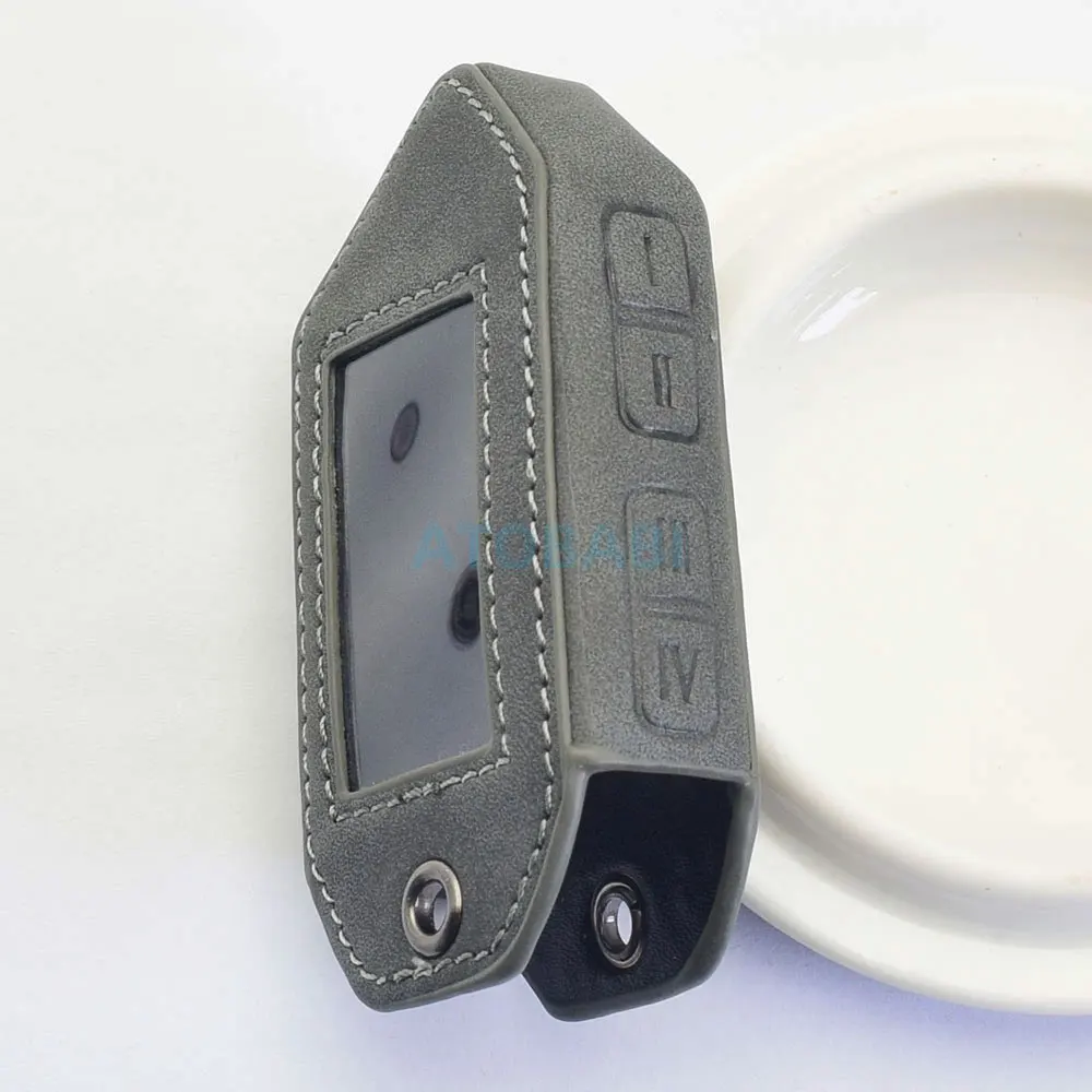 Graue Leder-Autoschlüsselhülle für Scher-Khan Mobicar 1, 2, 3 A B M10 M20, Zwei-Wege-Auto-Alarmsystem, LCD-Fernbedienung, Schutzhülle – Detail 5