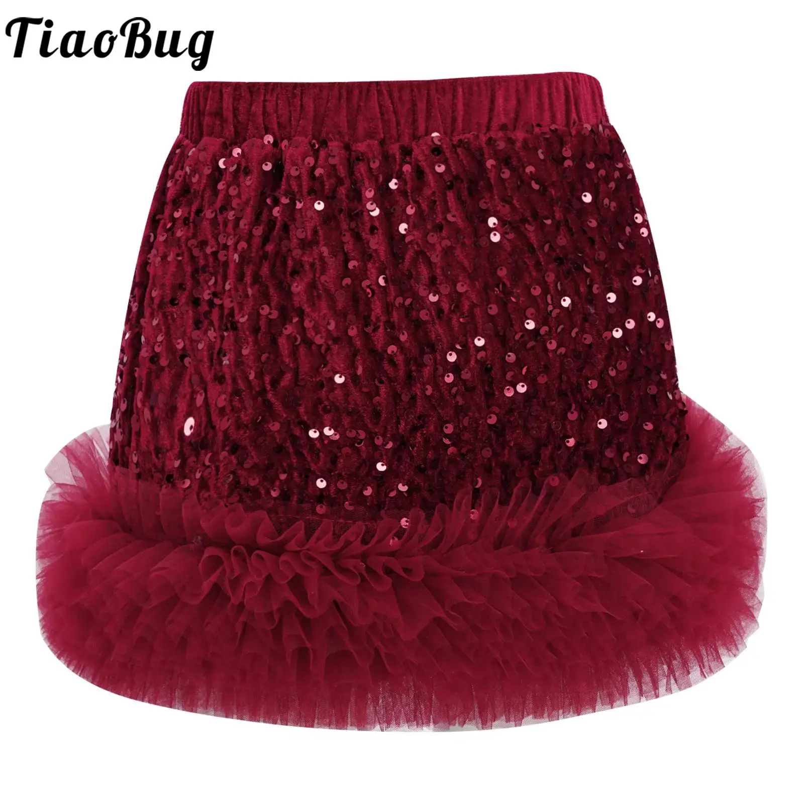 

Kids Girls Glittery Sequin Velvet Skirt Jazz Latin Tango Dancewear Elastic Waistband Ruffled Hem Lining Skirts for Holiday Party