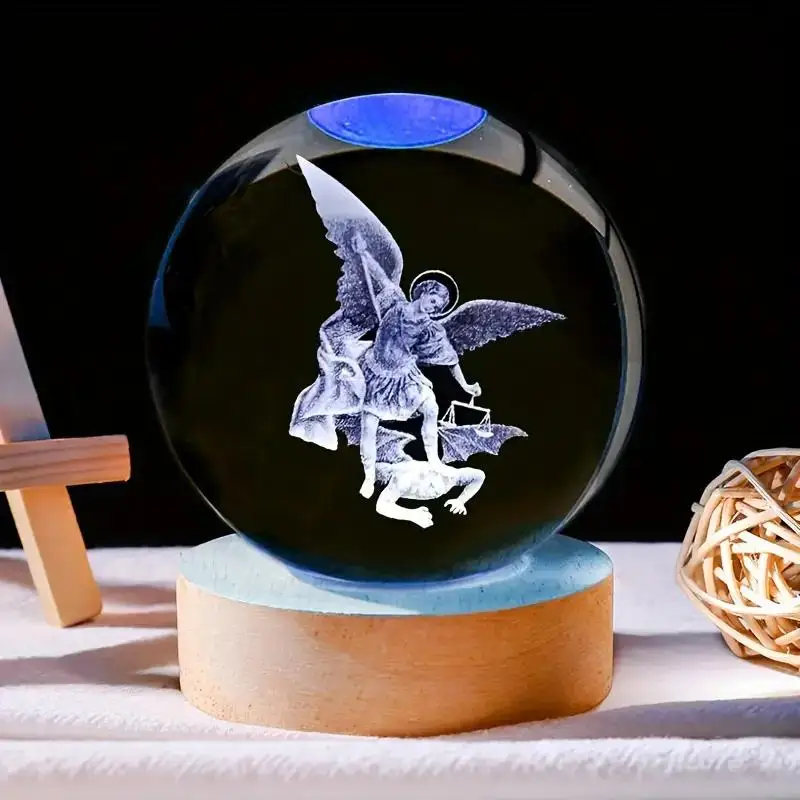 6cm St. Michael Guardian Angel Crystal Ball,Noble And Mysterious, USB Powered, LED Light Home Decoration Christmas Birthday Gift