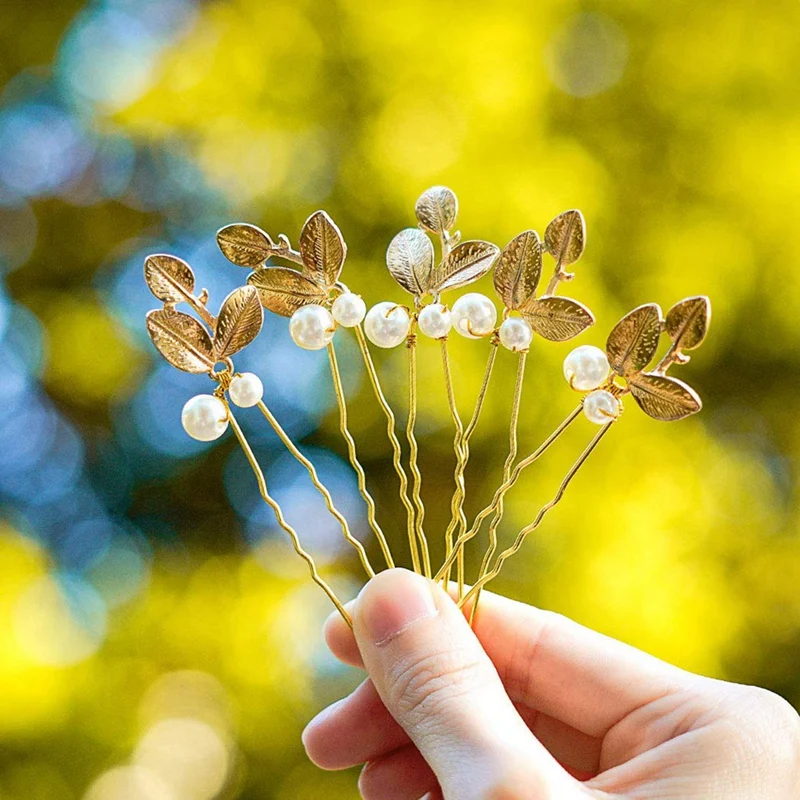 5Pcs Bride Wedding Pearl Hair Pins Gold Leaf Hair Piece Bridal Hair Accessories For Women And Girls